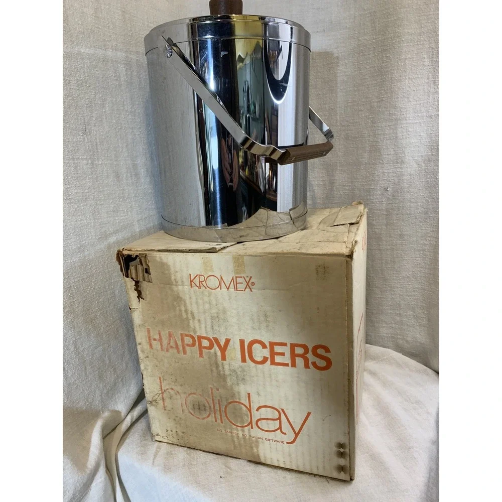 Kromex Ice Bucket Chrome Barware MCM USA w/ box wood accent handles Vint. Large